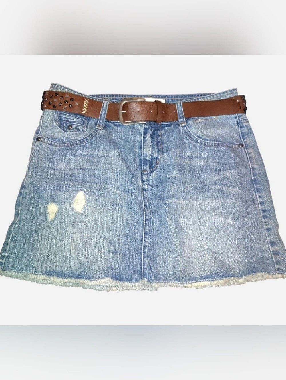 Blue Denim Mini Skirt with Brown Belt